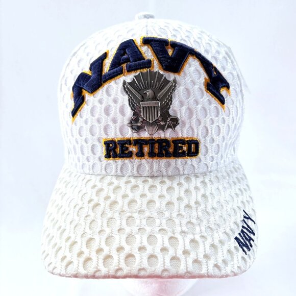 U S Navy Retired 3D Embroidered White Mesh Strapback Baseball Cap Hat New - Picture 1 of 7